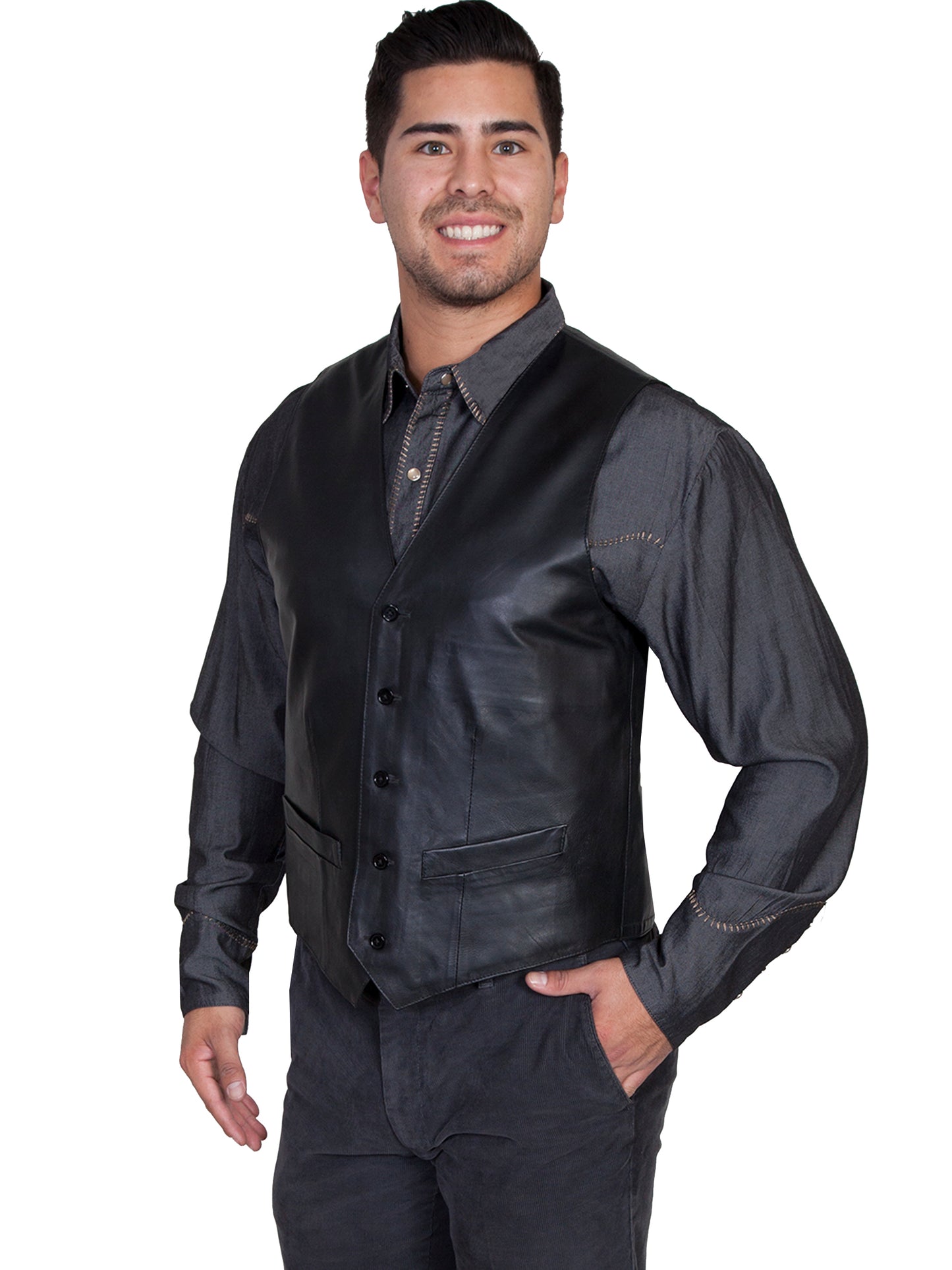Man standing in in black vest