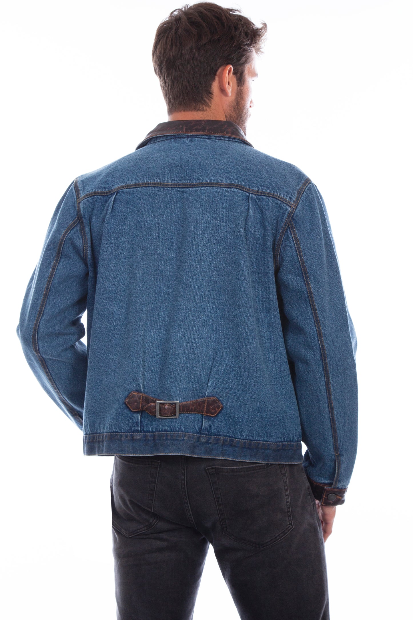 Scully Western Men's Jean Leather Trim Button Jacket in Denim