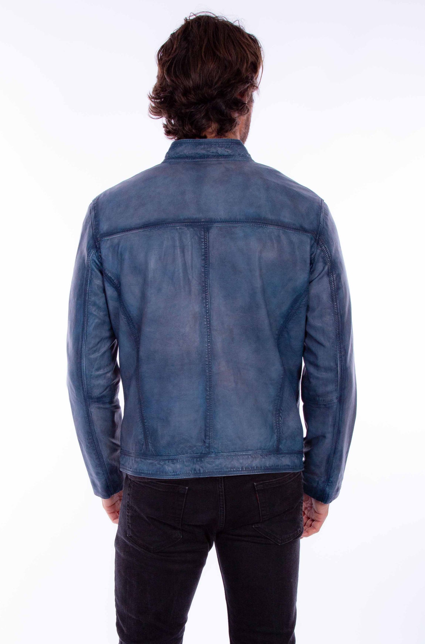 Scully Western Men's Leather Distressed Zip Jacket in Denim