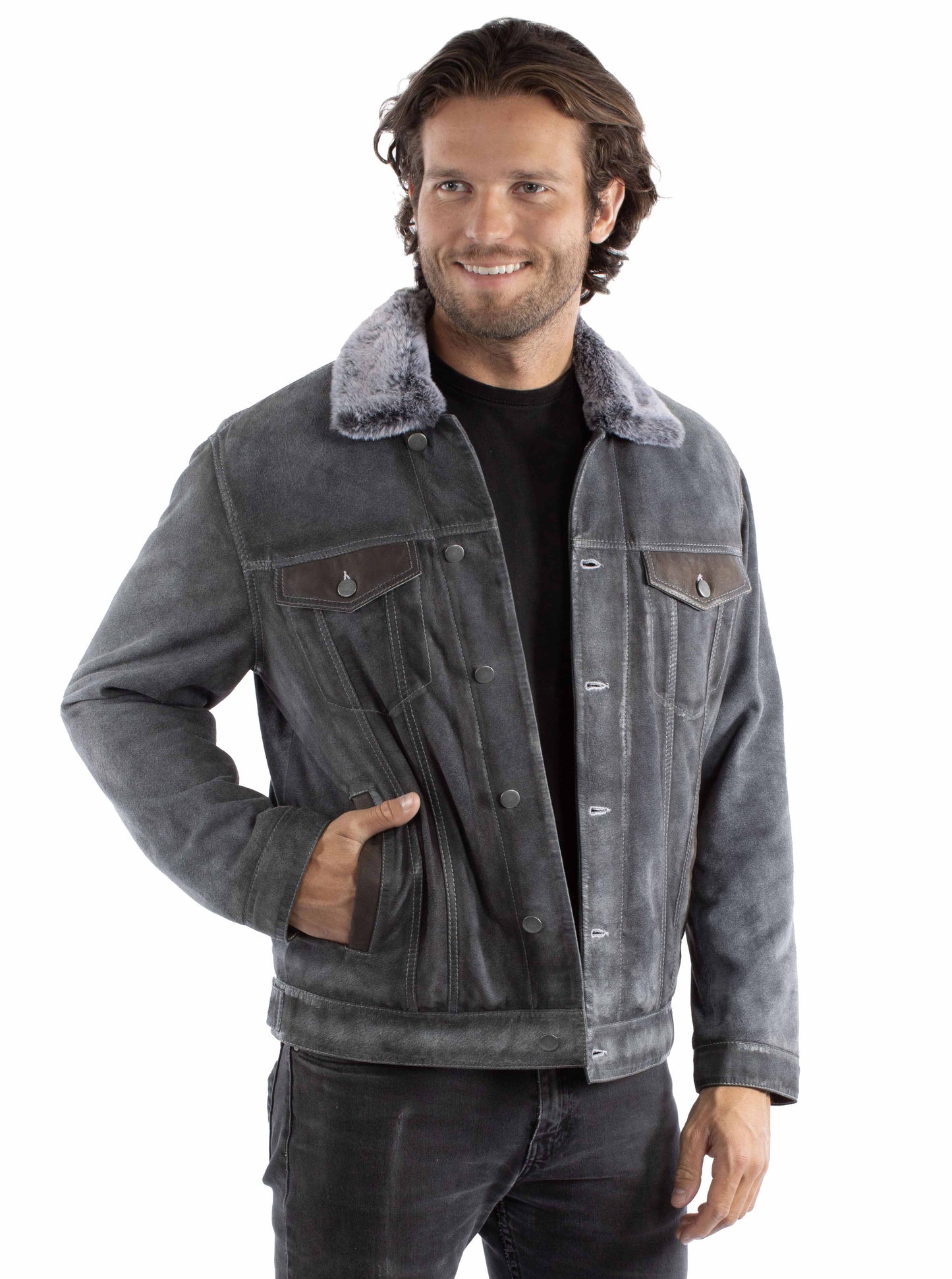 Scully Western Men's Jean Leather Button Front Jacket in Blue