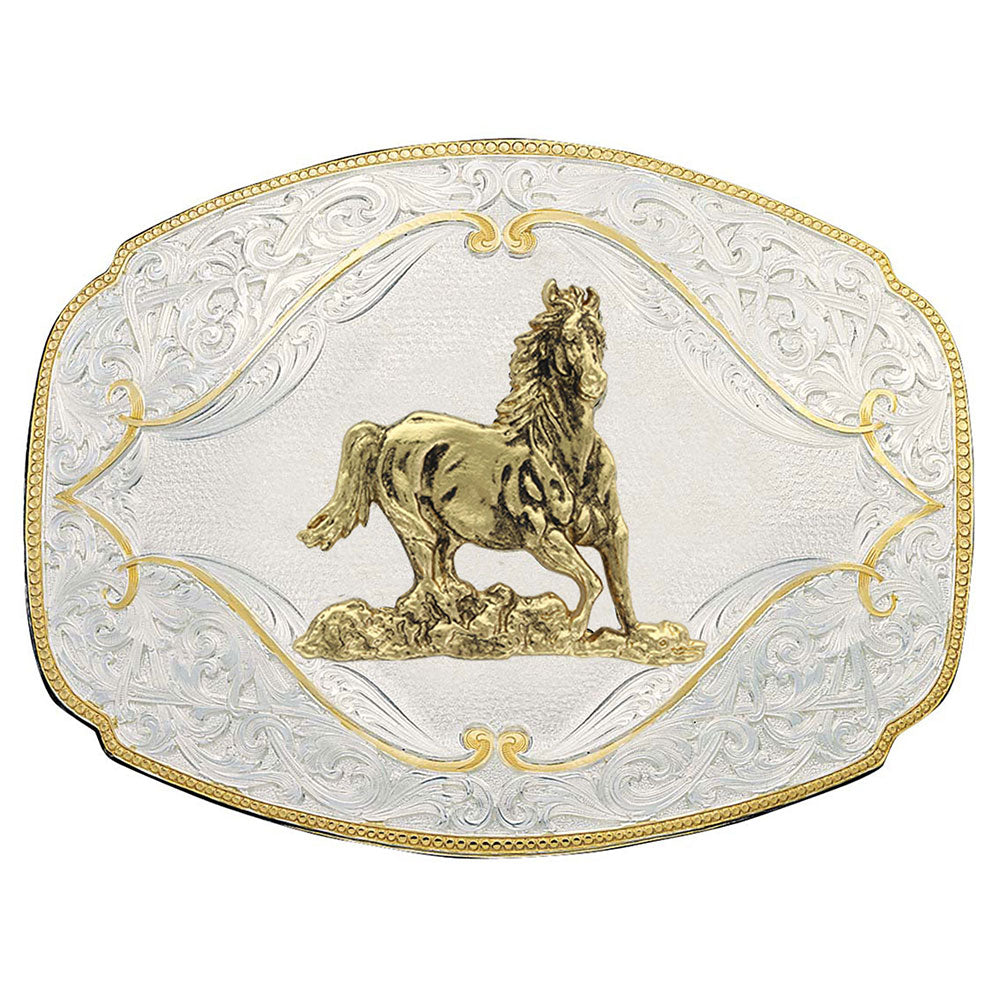 Montana Silversmiths Gold Flourish Western Belt Buckle With Galloping Horse