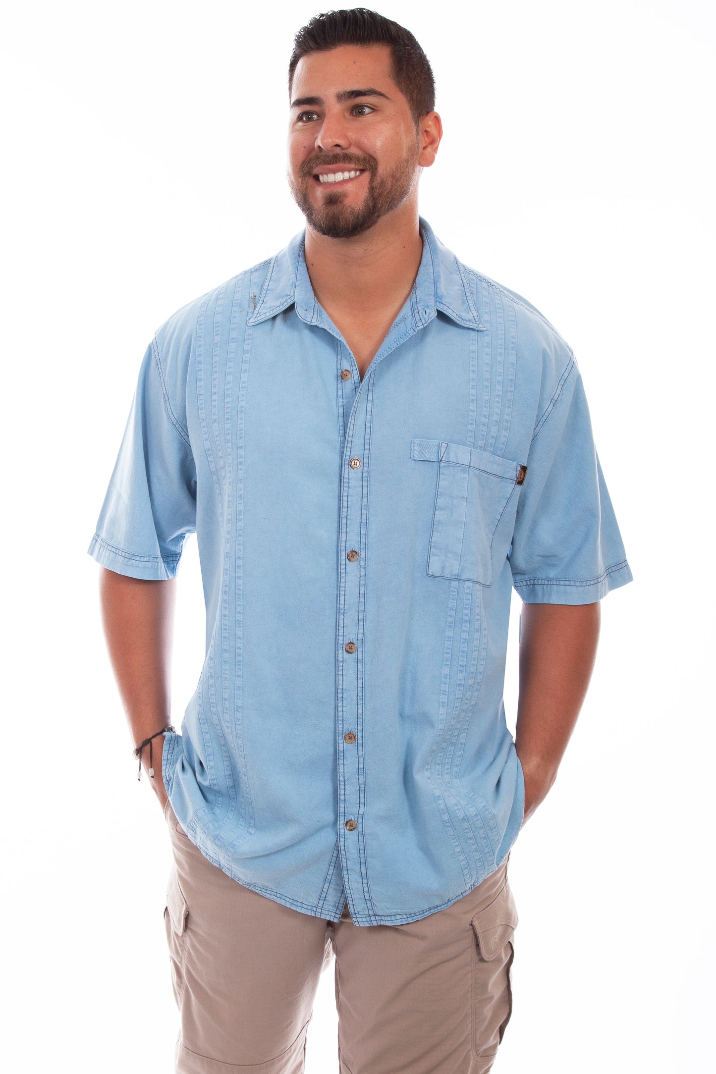 Scully Western Men's The Traveler Short Sleeve Pleated Shirt in Distressed Sky Blue