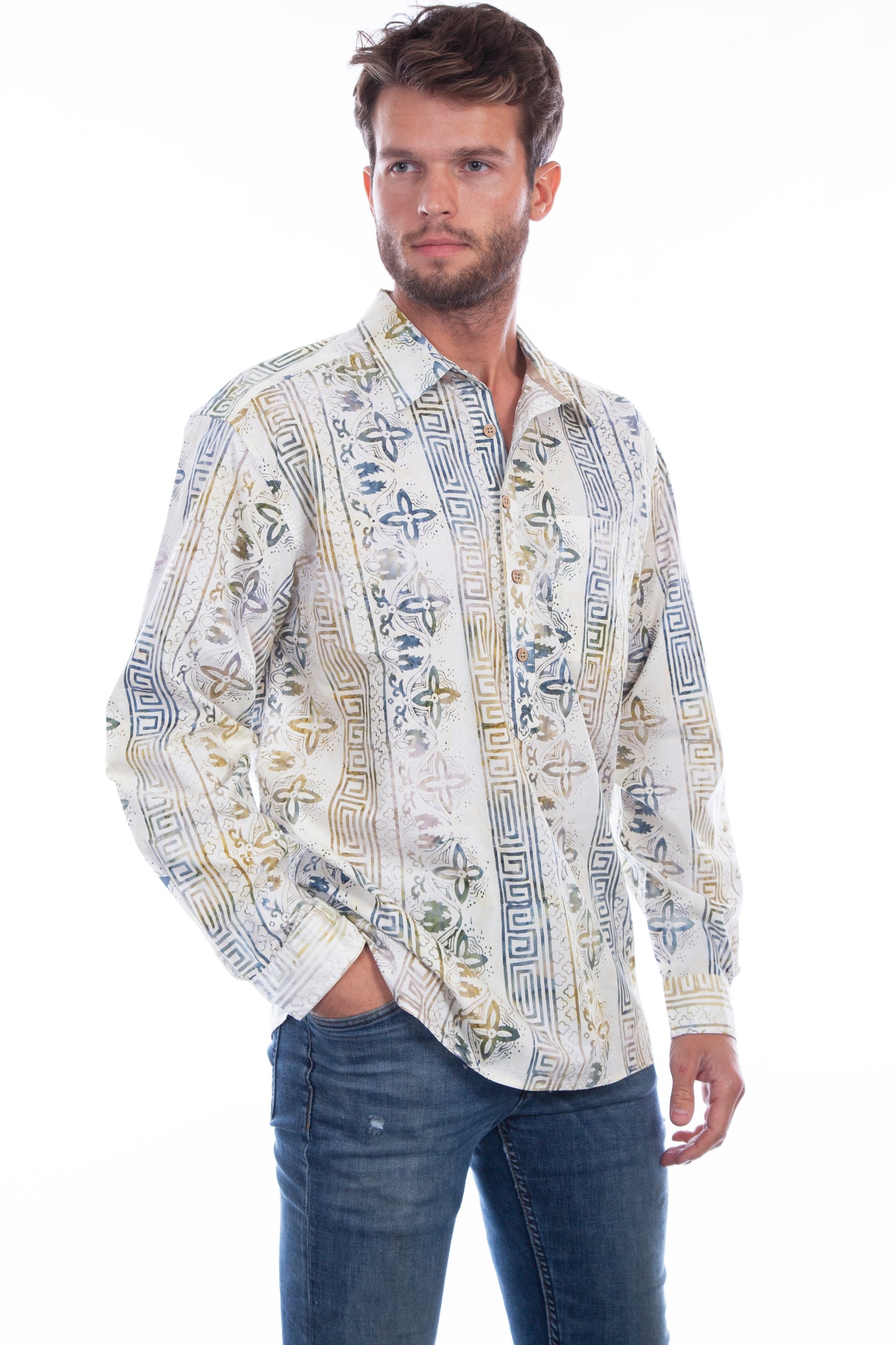 Scully Western Men's Batik Popover Button Shirt in Tiki