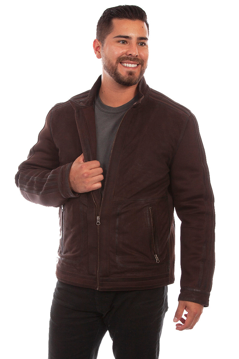 Scully Men's Striped Bomber Leather Jacket in Chocolate