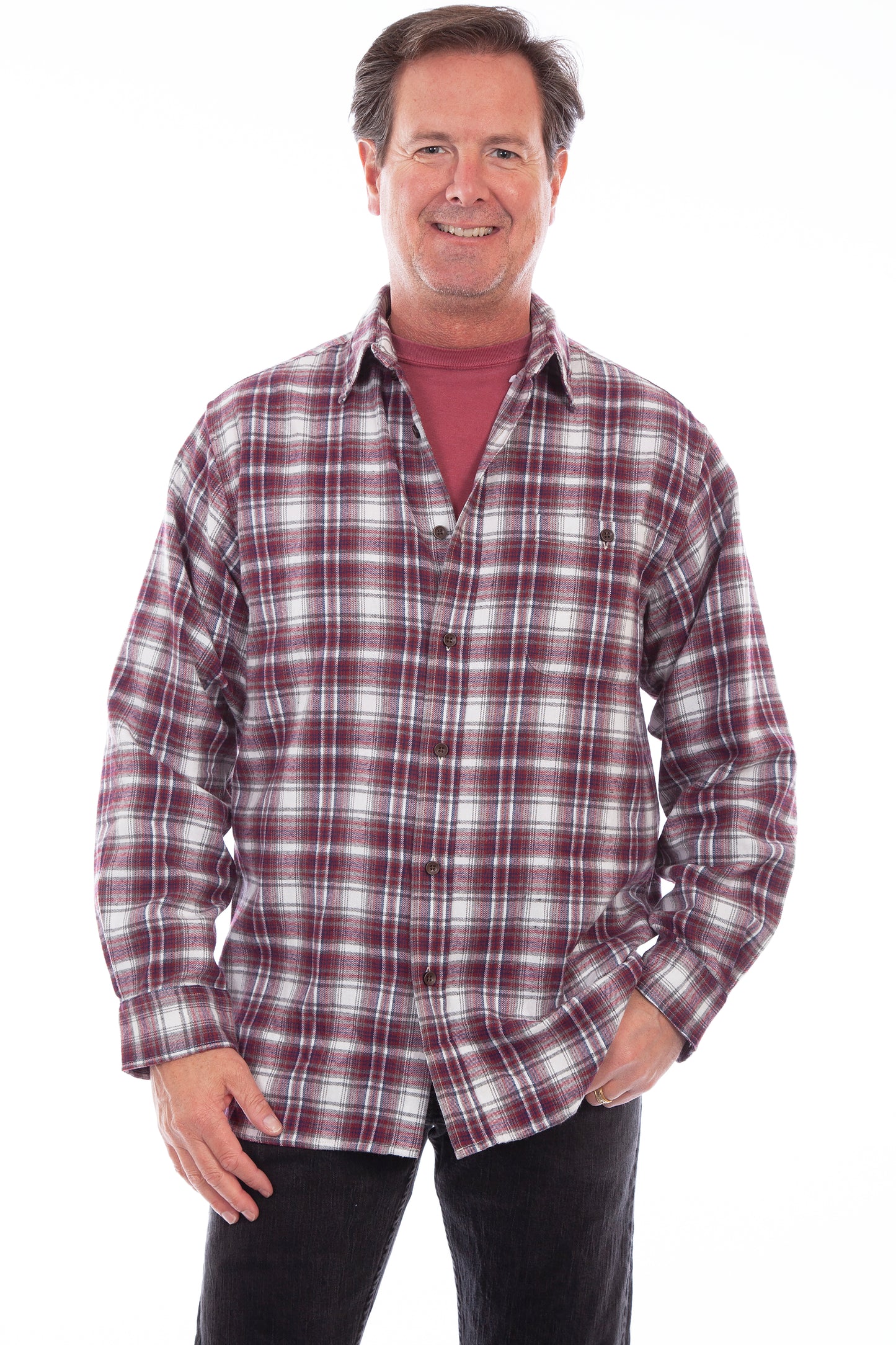 Scully Men's Cotton Flannel Plaid Shirt in Burgundy