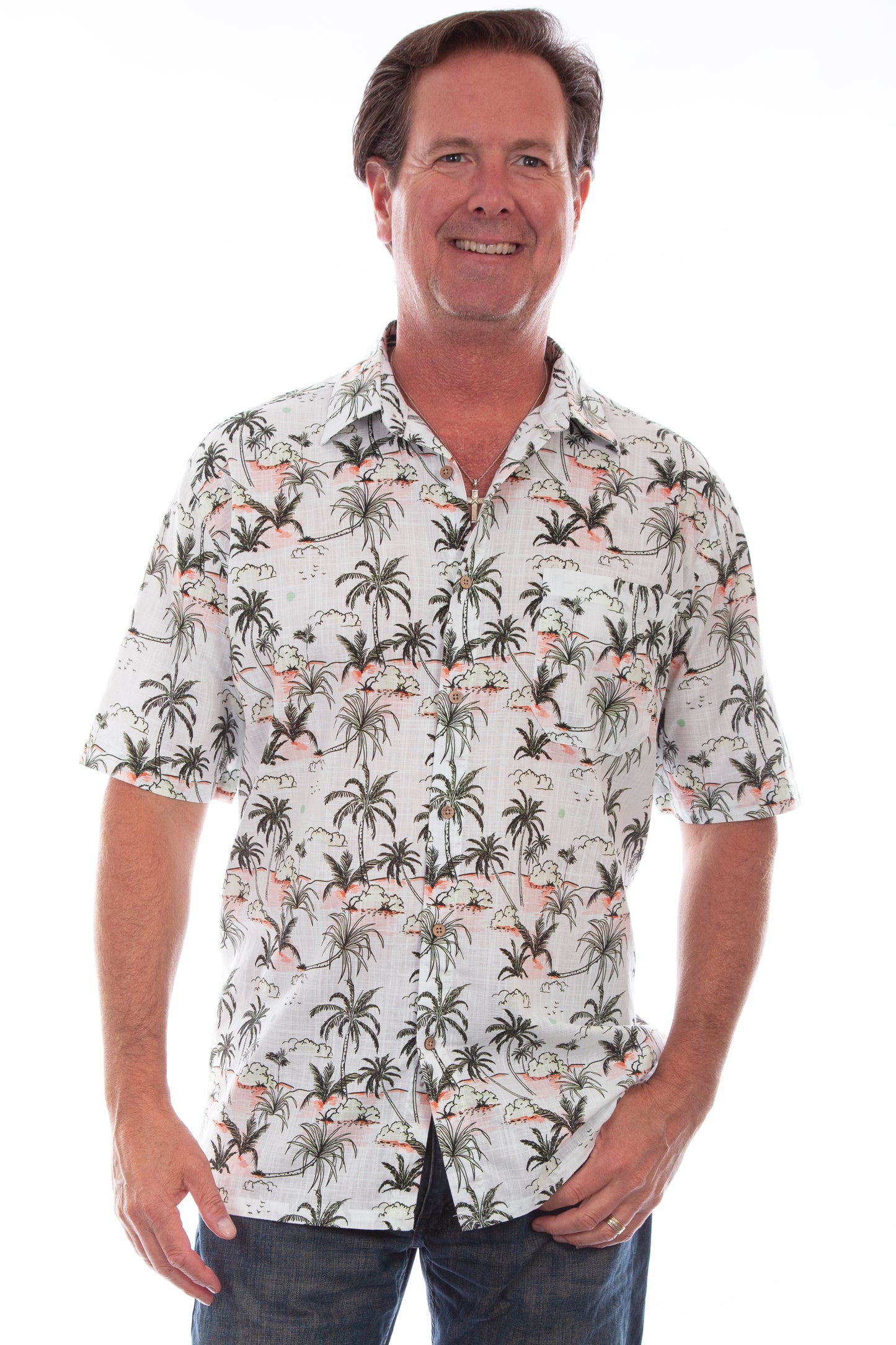 Scully Western Men's Palm Tree Print Button Down T- Shirt in White