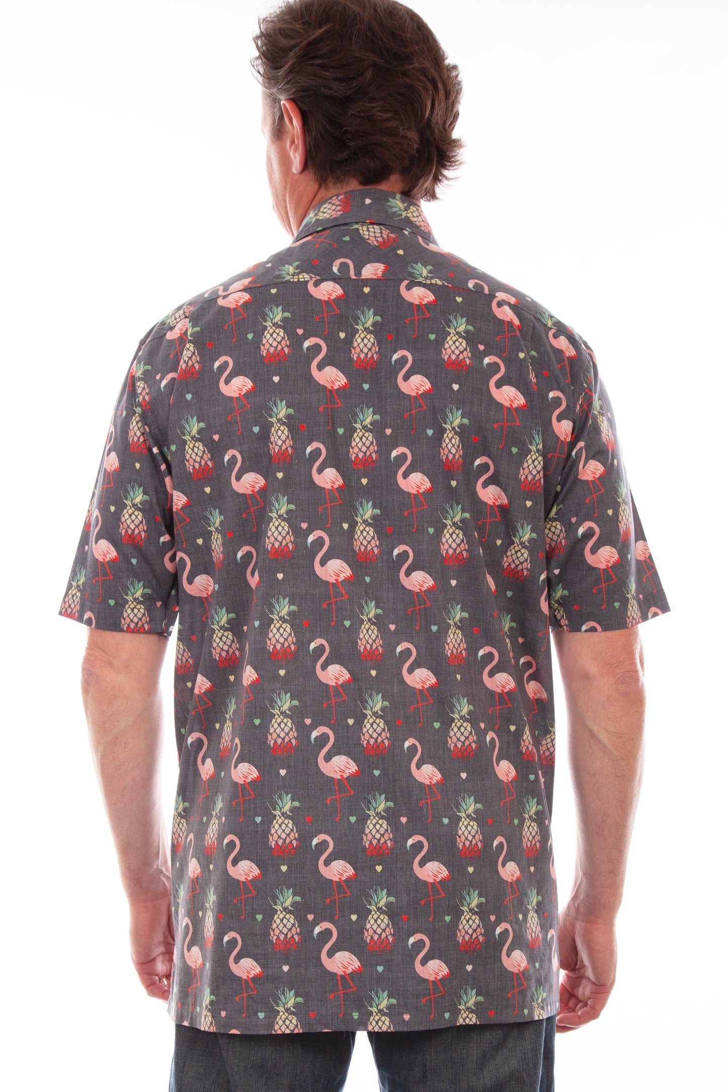 Scully Men's Pineapples and Flamingos Allover Print Short Sleeve Button Down Shirt in Black