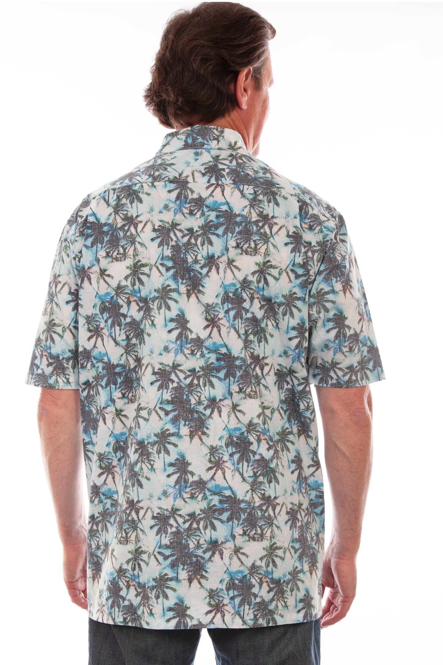 Scully Western Men's Palm Tree Floral Print Short Sleeve Button Down Shirt in White and Turquoise