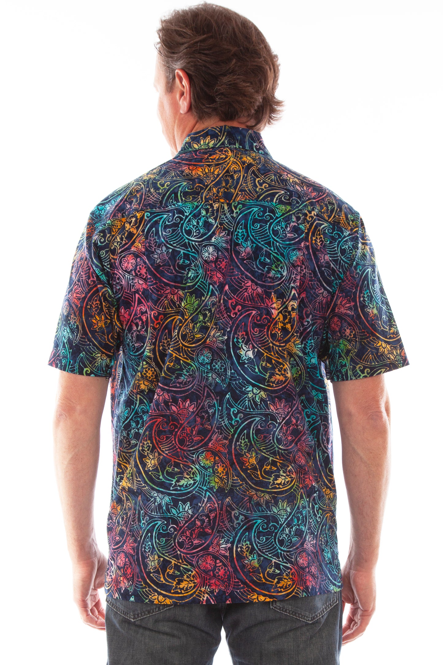 Scully Western Men's Paisley Floral Print Short Sleeve Button Down Shirt in Dark Blue