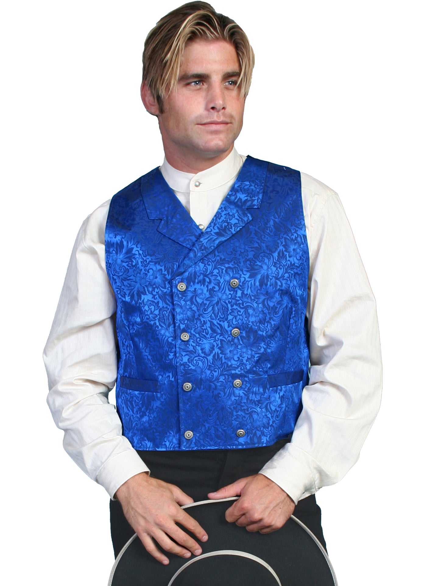 Scully Men's Wahmaker Wahmaker Floral Silk Double Breasted Vest in Royal