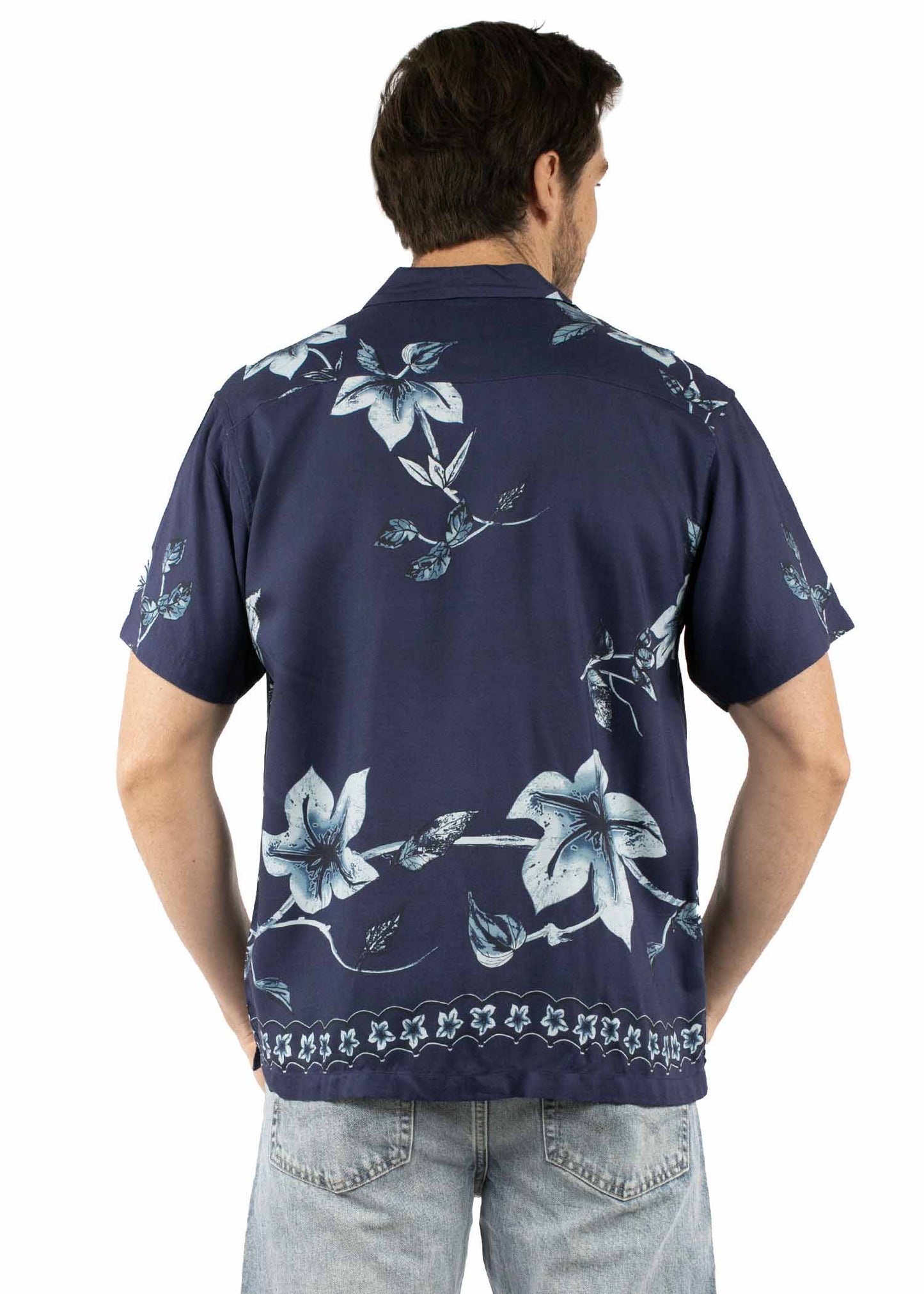 Scully Western Men's Hawaiian Orchid Print Shirt in Navy