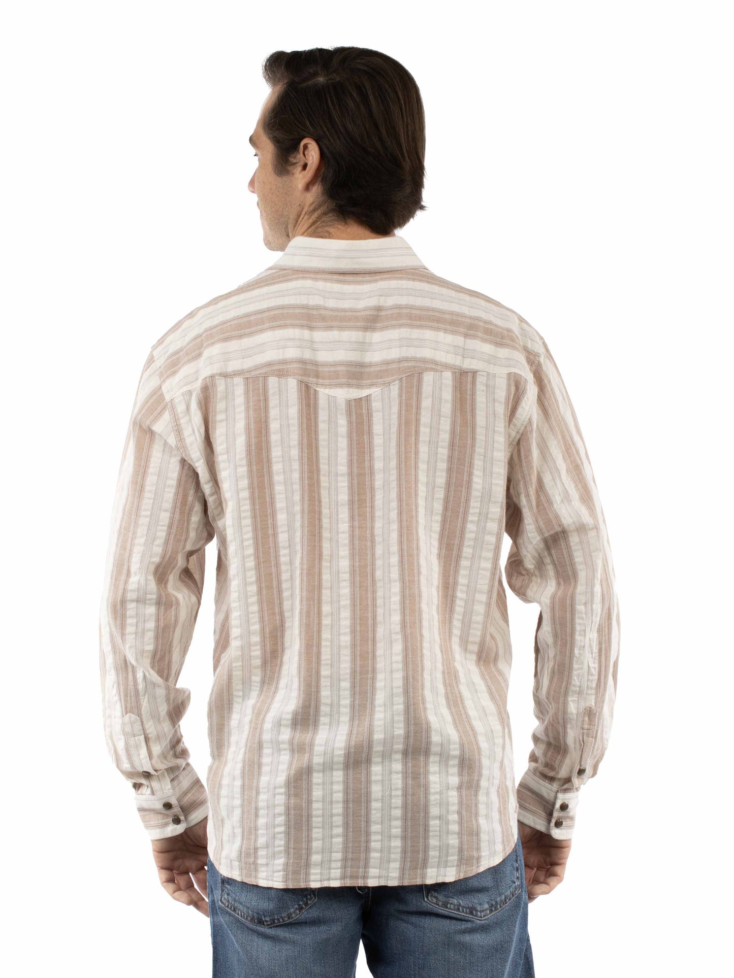 Scully Western Men's Long Sleeve Stripe Snap Front Shirt in Tan