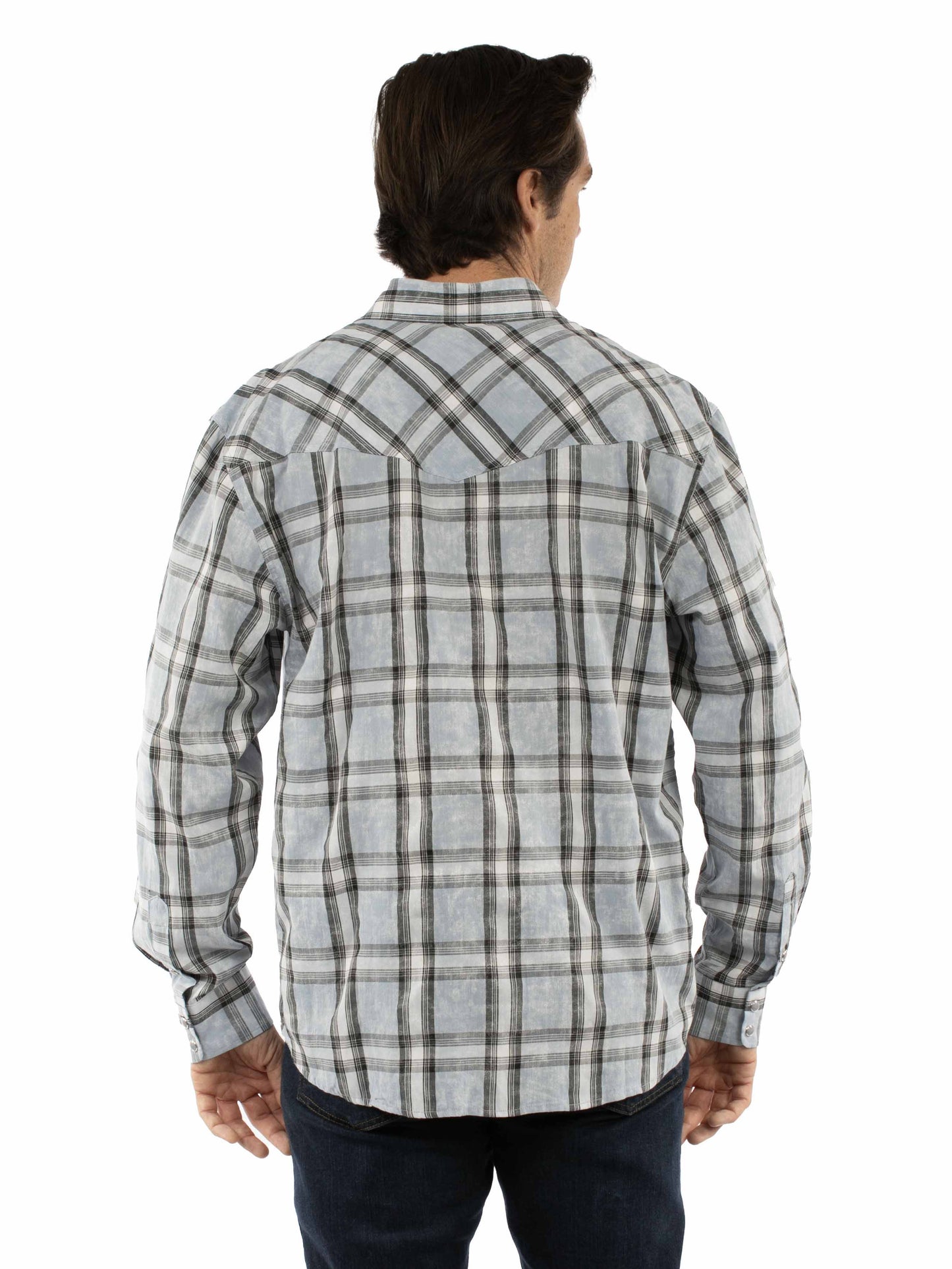 Scully Western Men's Long Sleeve Plaid Snap Front Shirt in Grey
