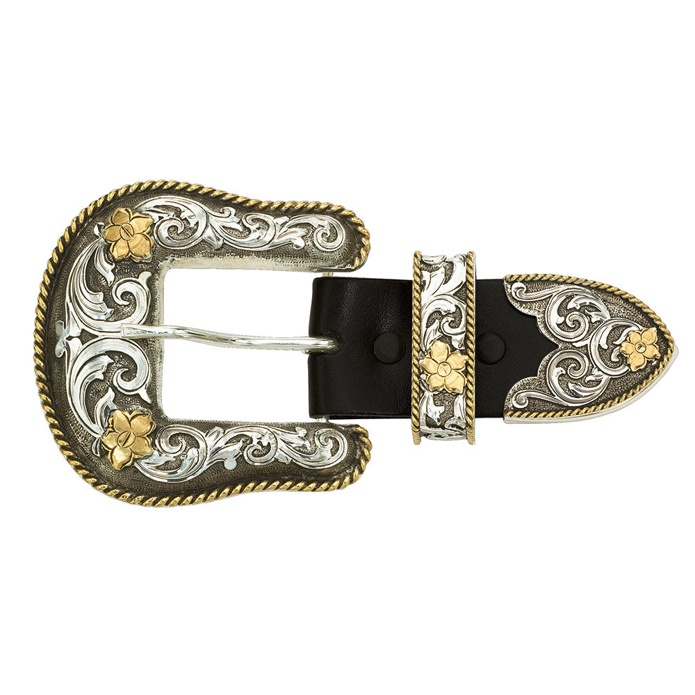 Montana Silversmiths Antiqued Two Tone Filigree 1.5" 3 Piece Belt Buckle Set