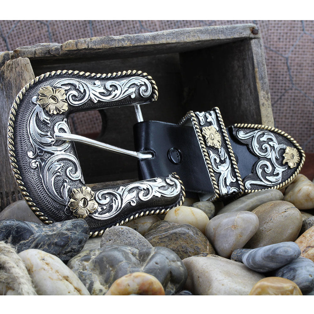 Montana Silversmiths Antiqued Two Tone Filigree 1.5" 3 Piece Belt Buckle Set