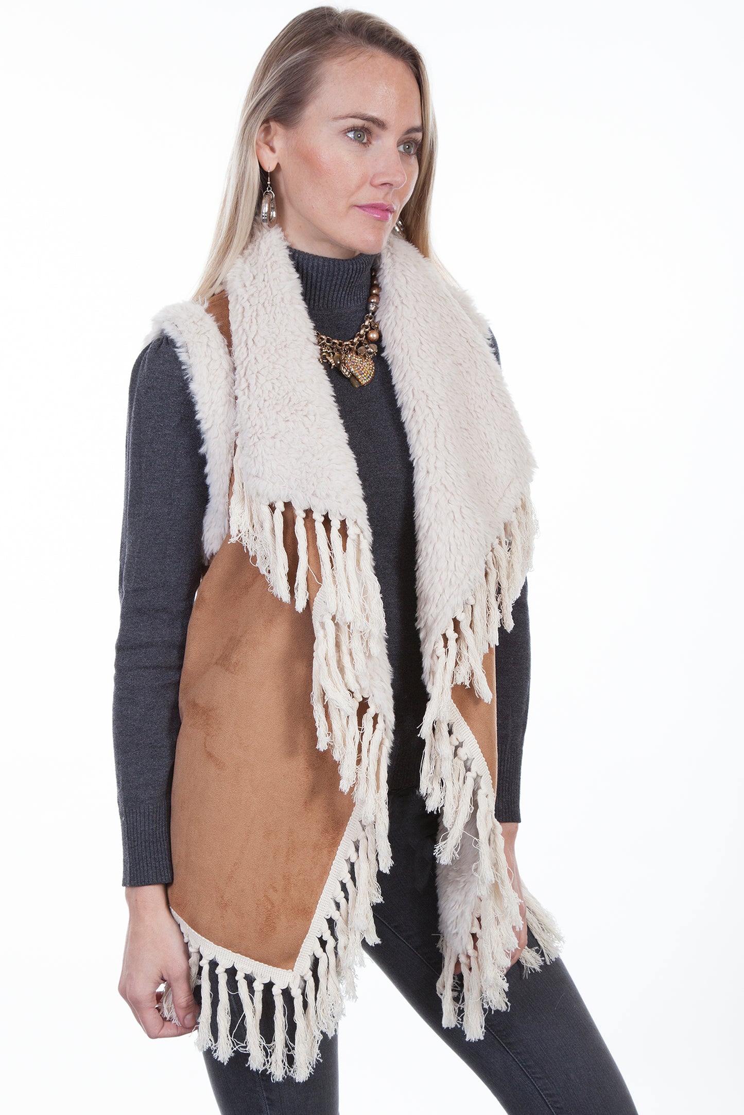 Scully Honey Creek Women's Faux Fur Embellished Fringe Vest in Tan
