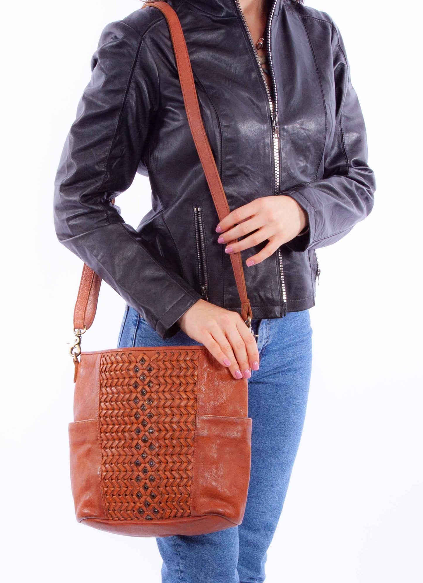 Scully Women's Woven Leather Crossbody Bag in Cognac