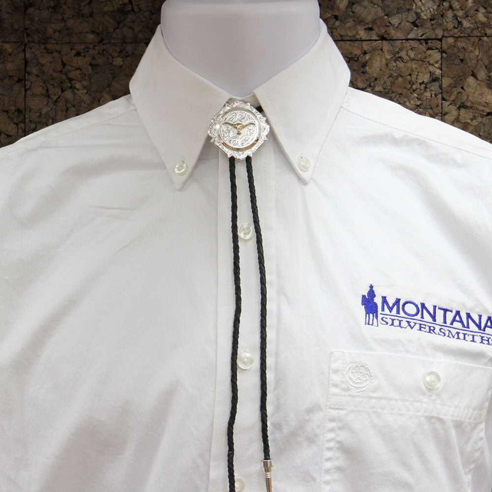 Montana Silversmiths Silver And Gold Engraved Button Bolo Tie