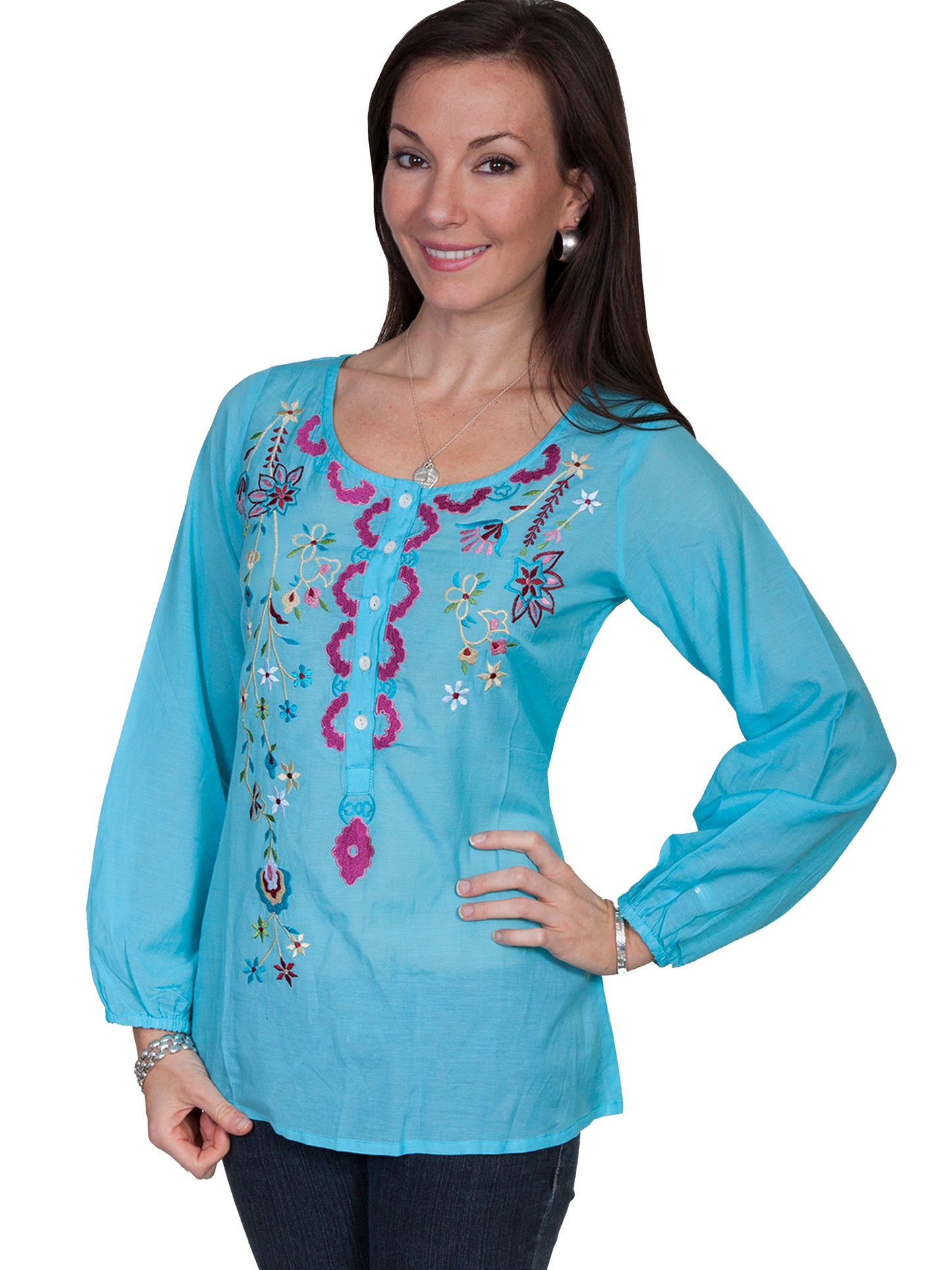 Scully Women's Tur Laila Embroidered Blouse in Turquoise