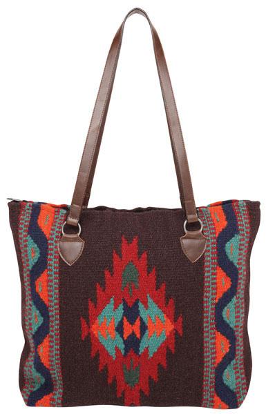 Tote bag with tribal pattern and brown leather straps on a white background