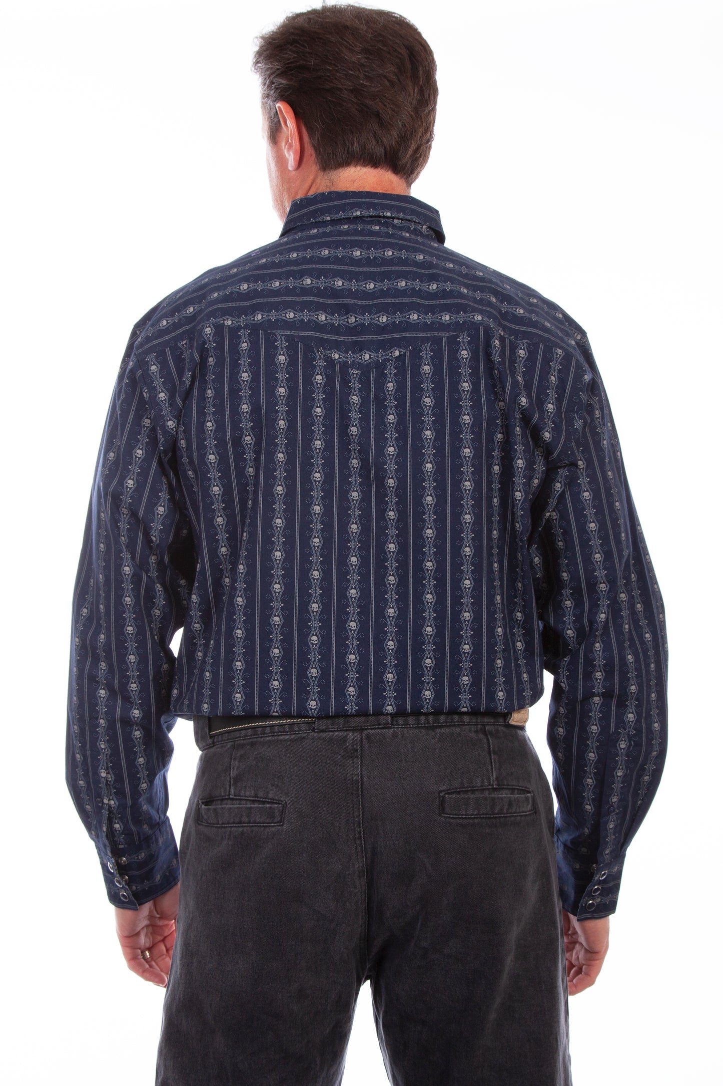 Scully Western Men's Skull Striped Long Sleeve Pearl Snap Shirt in Navy