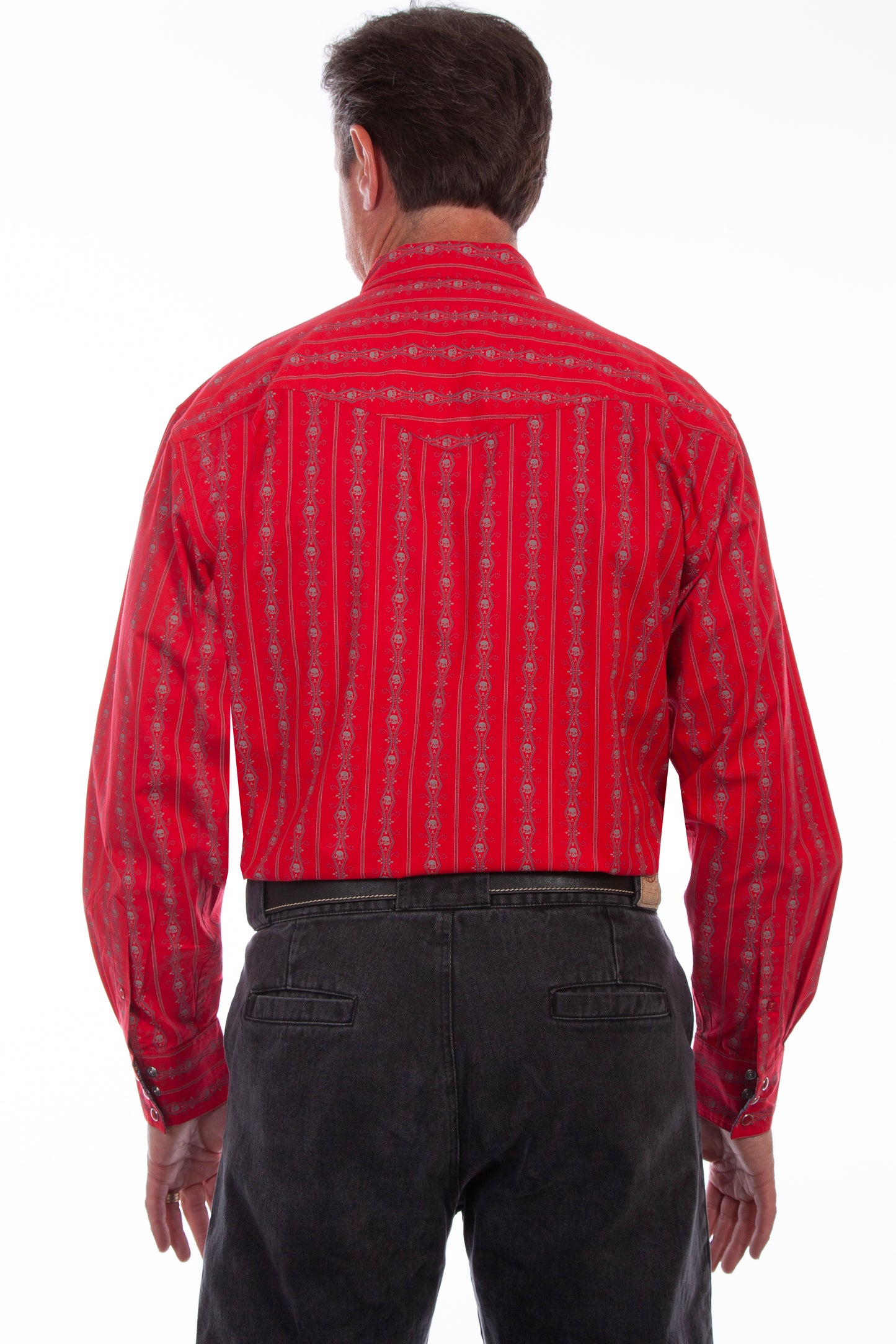 Scully Western Men's Skull Striped Long Sleeve Pearl Snap Shirt in Red