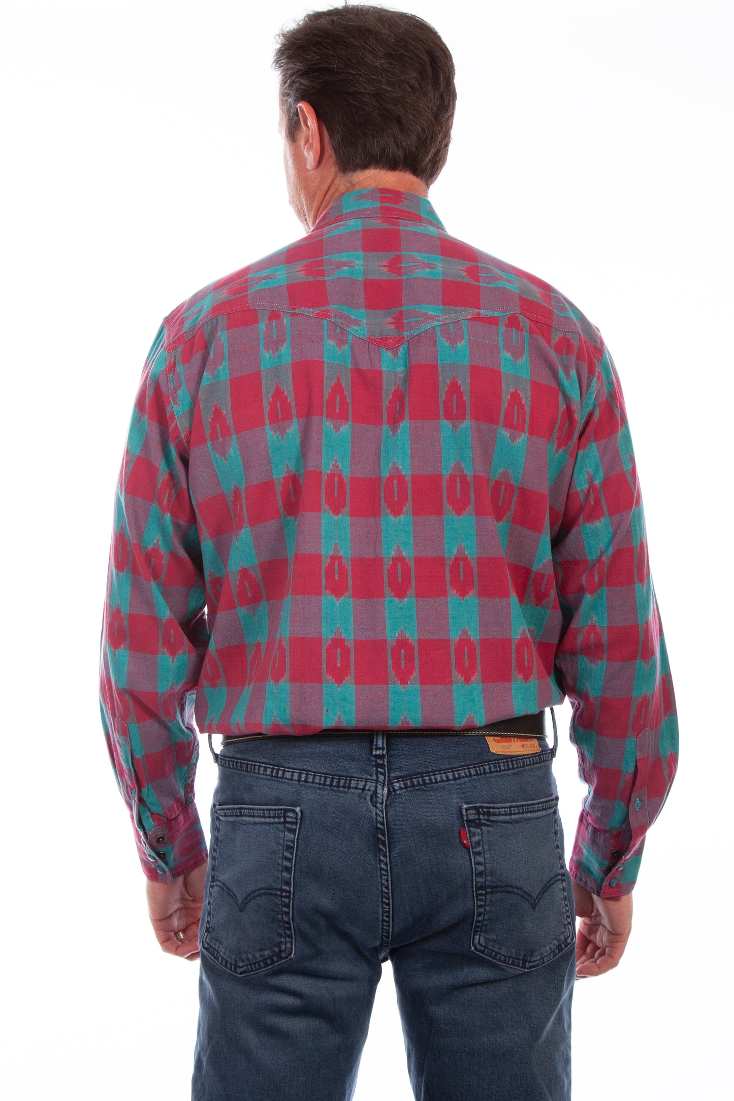 Scully Western Men's Ikat Plaid Signature Shirt in Turquoise