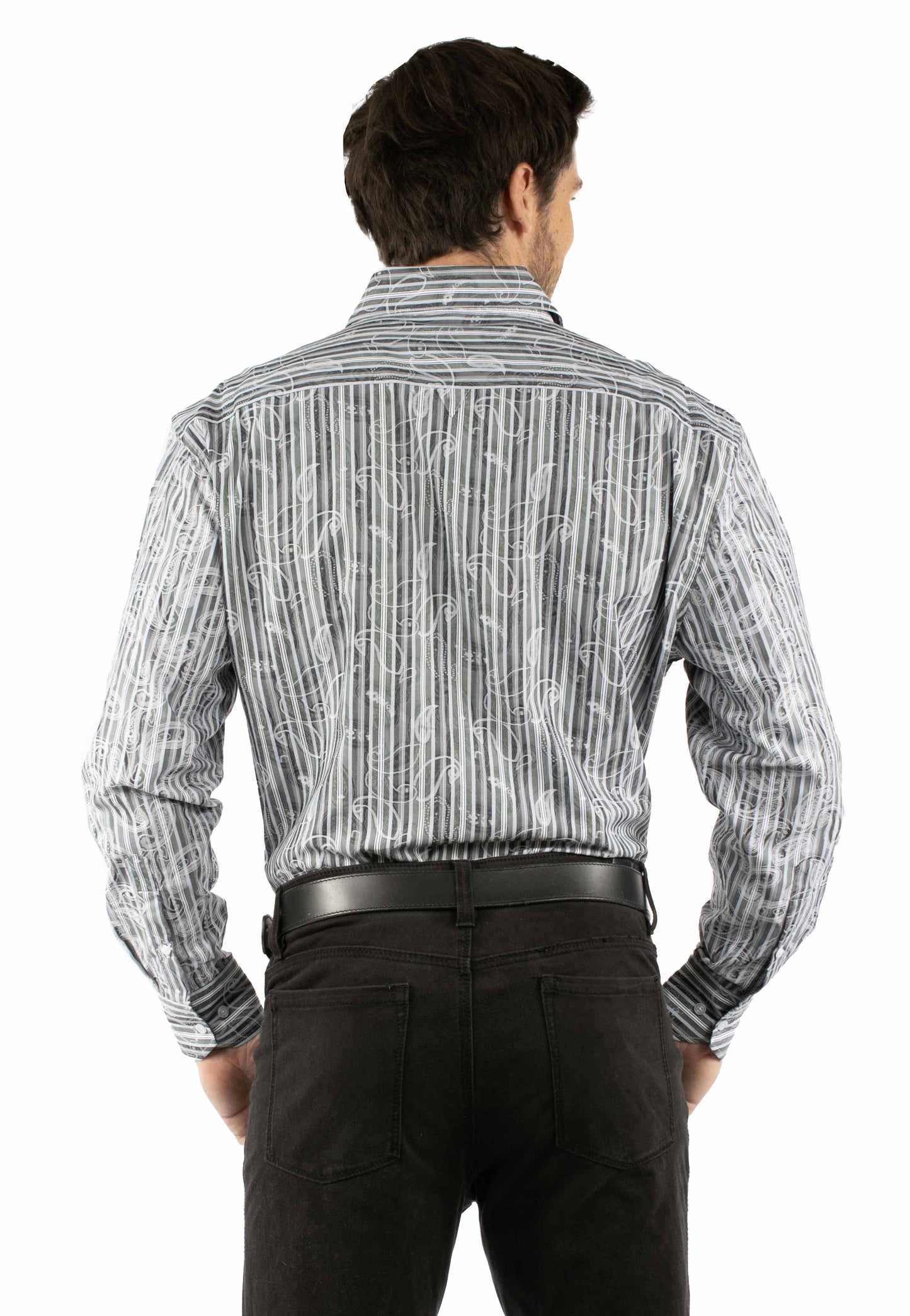 Scully Western Men's Paisley Striped Button Jacquard Shirt in Charcoal