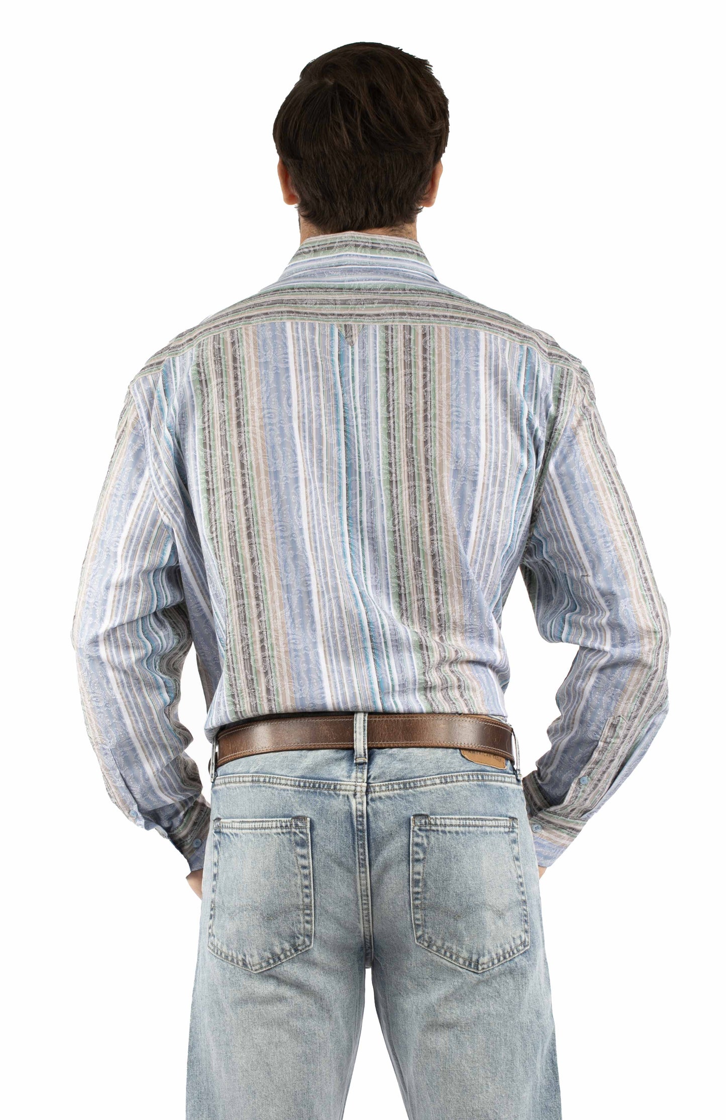 Scully Western Men's Paisley Striped Button Jacquard Shirt in Blue
