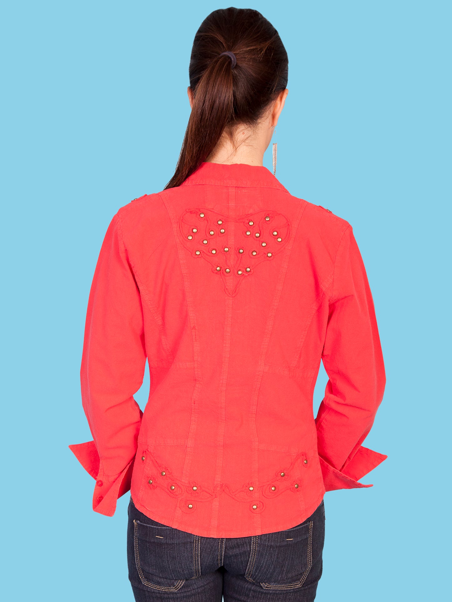 Scully Women's Button Down Shirt With Soutache Heart on Back in Vermilion
