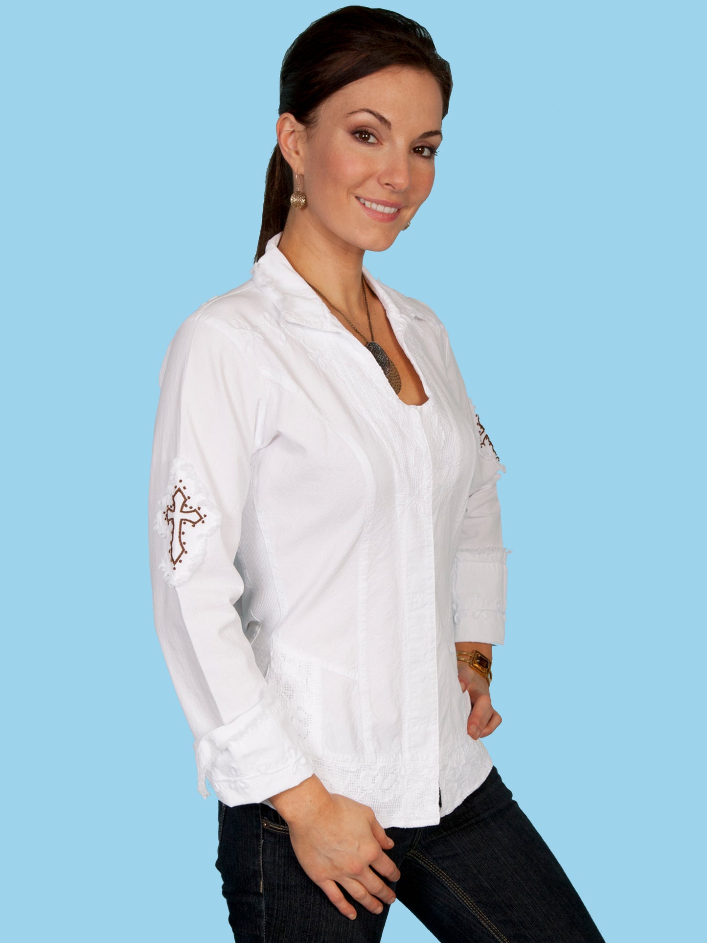 Scully Women's Peruvian Cotton Embroidered Cross Design Shirt in White