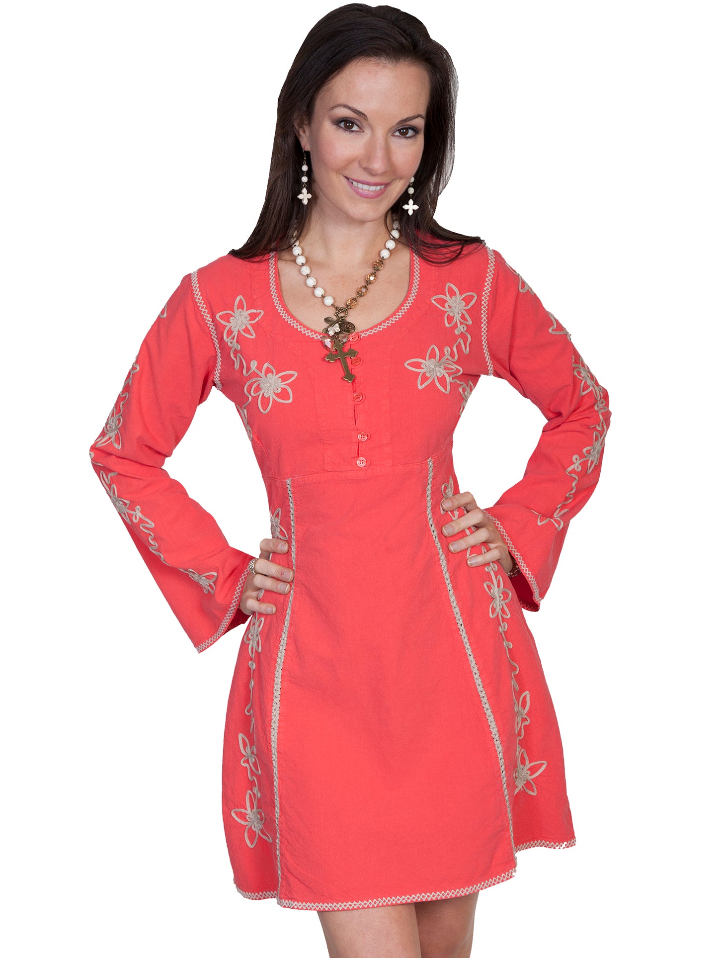 Scully Women's Long Sleeve Contrast Soutache Dress in Cayenne
