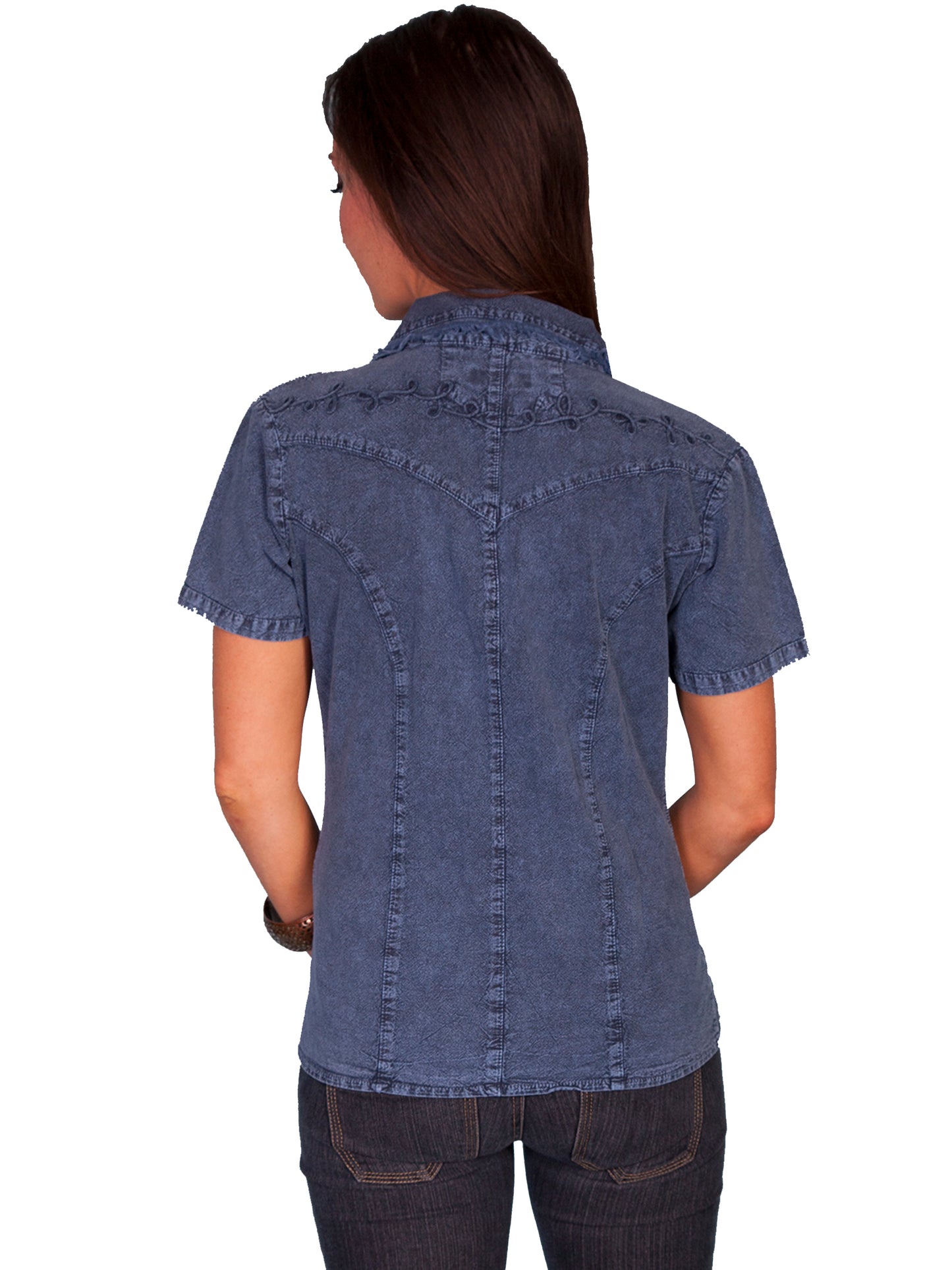 Scully Women's Button Front Short Sleeve Blouse in Dark Blue