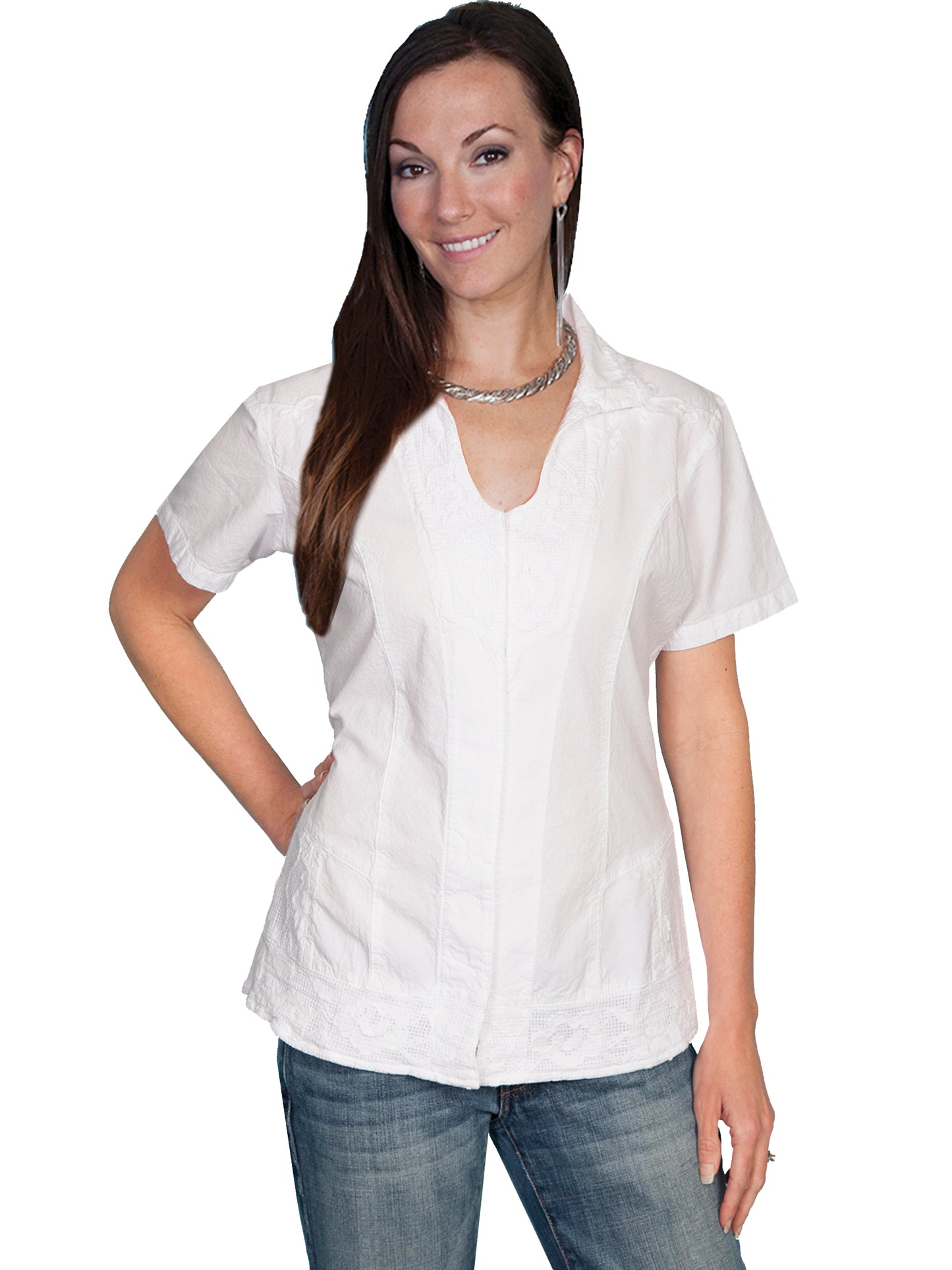 Scully Women's Button Front Short Sleeve Blouse in White