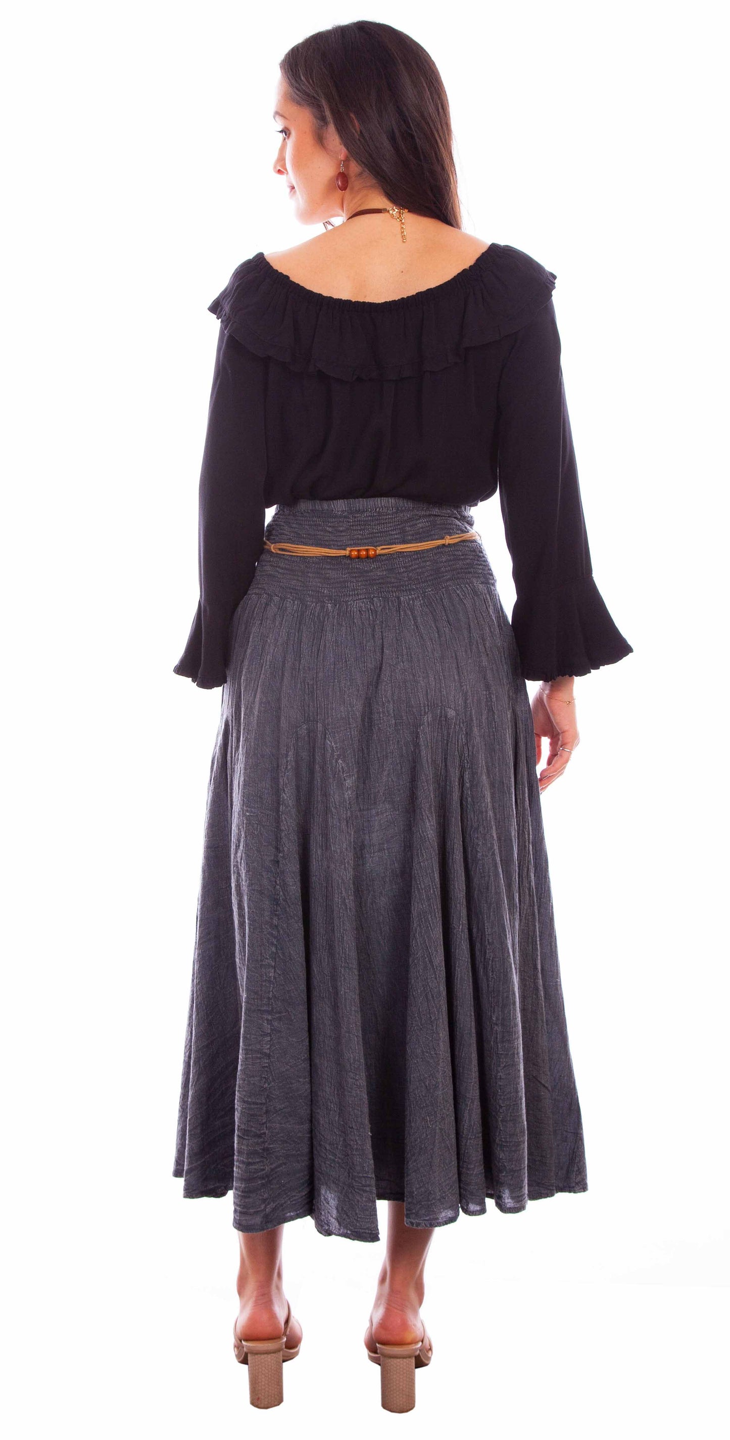 Scully Cantina Women's Acid Wash Skirt with Beaded Cord Belt in Charcoal