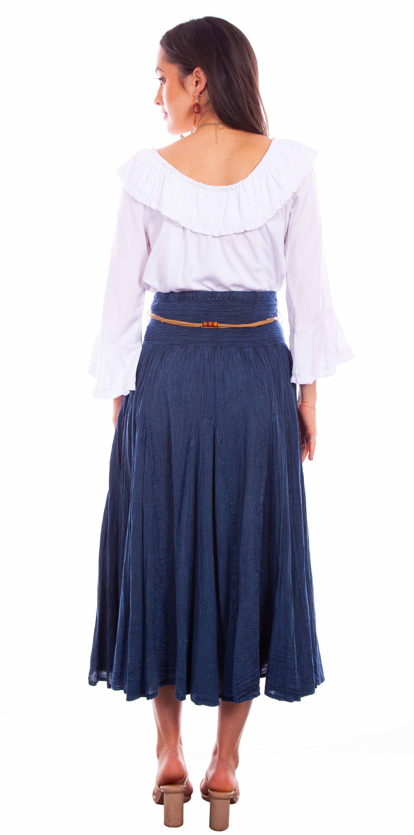 Scully Cantina Women's Acid Wash Skirt with Beaded Cord Belt in Dark Blue