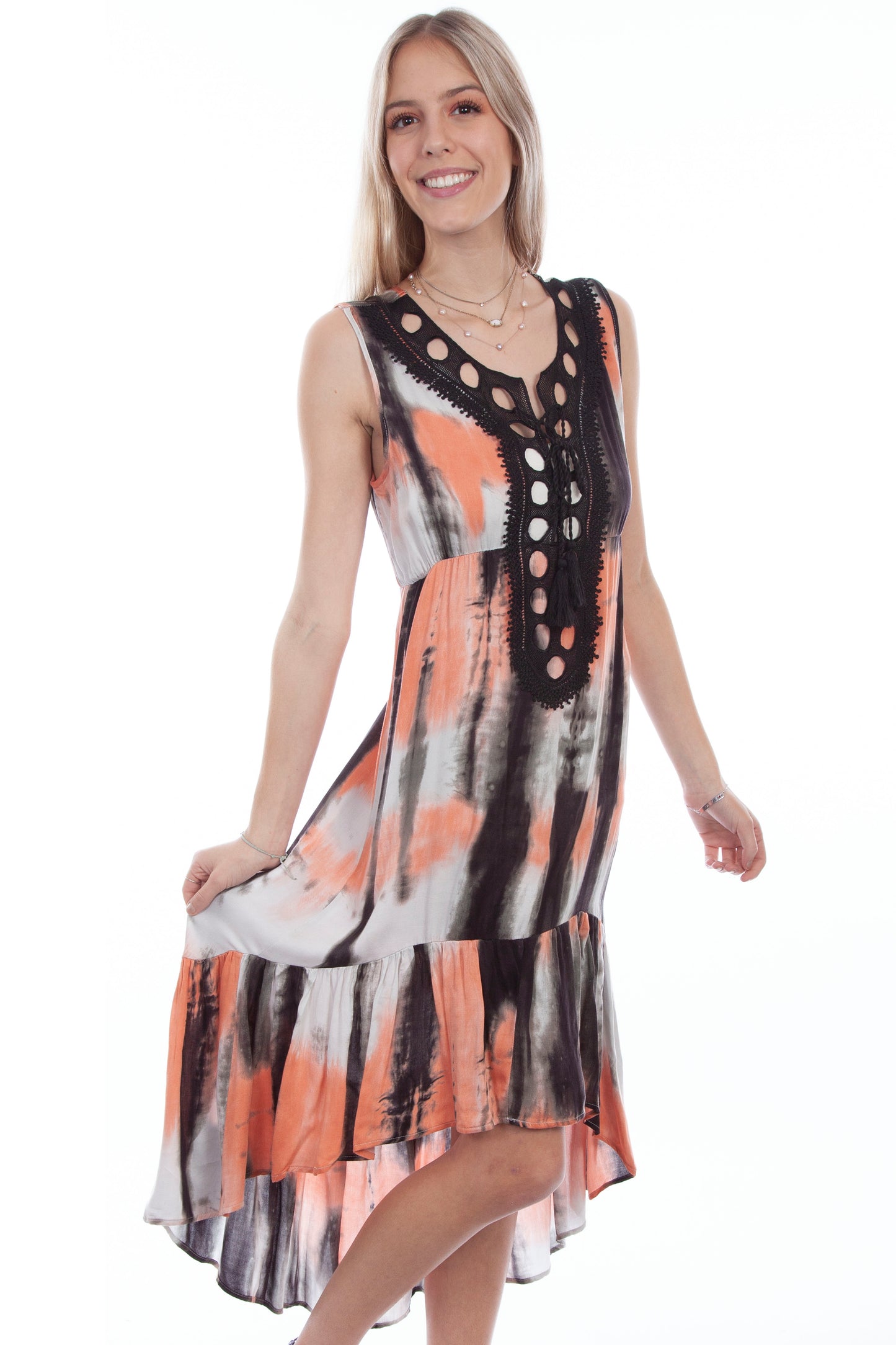 Scully Western Women's Crochet Neck Tie Dye Dress in Coral