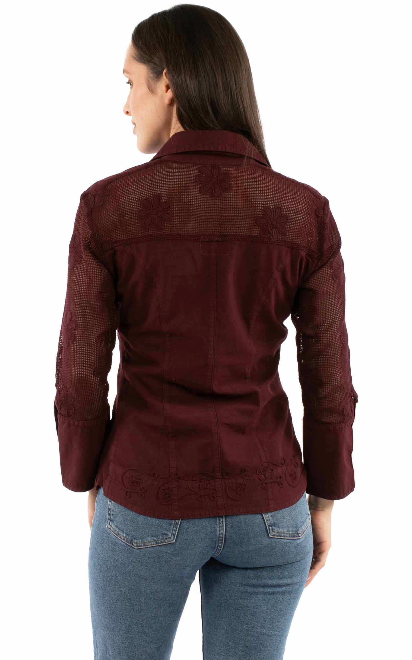 Scully Western Women's Embroidered Blouse with Mesh Sleeves in Burgundy