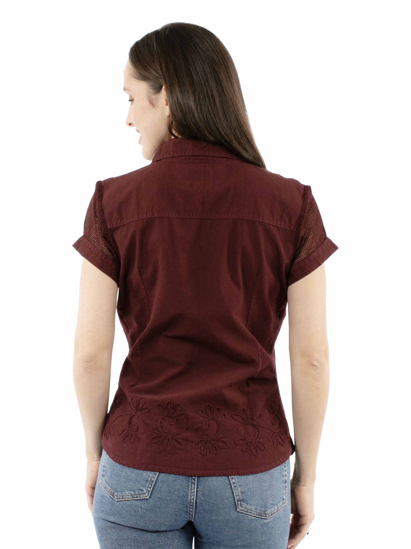 Scully Cantina Women's Mesh Cap Sleeve Blouse in Burgundy