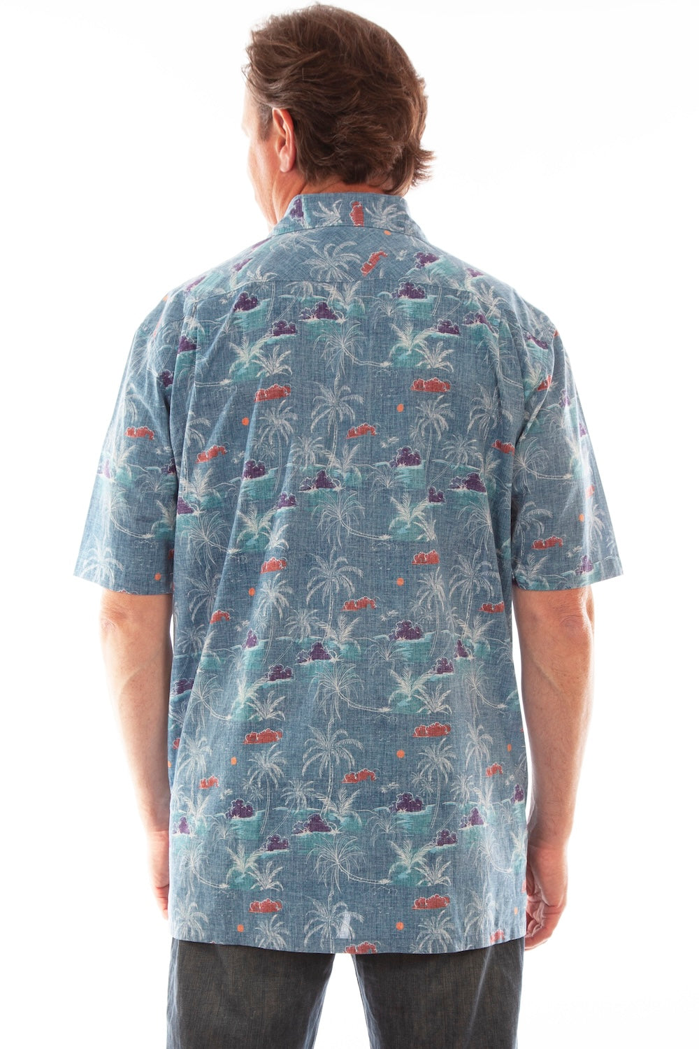 Scully Western Men's Hawaiian Palm Tree Button Down T- Shirt in Blue