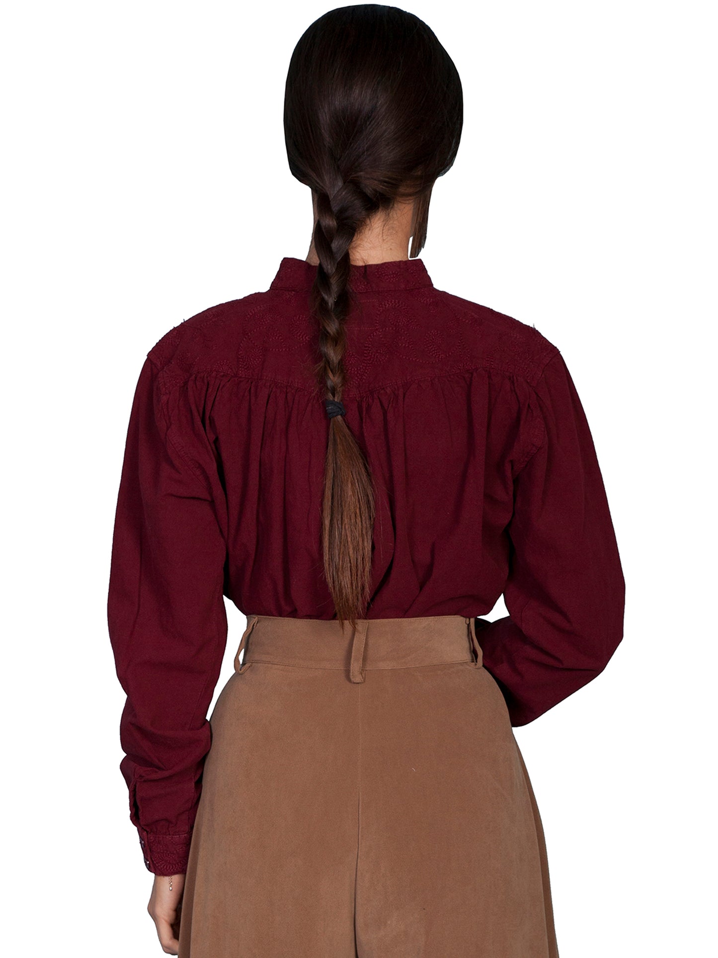 Scully Women's Embroidered Cotton Long Sleeve Blouse in Burgundy