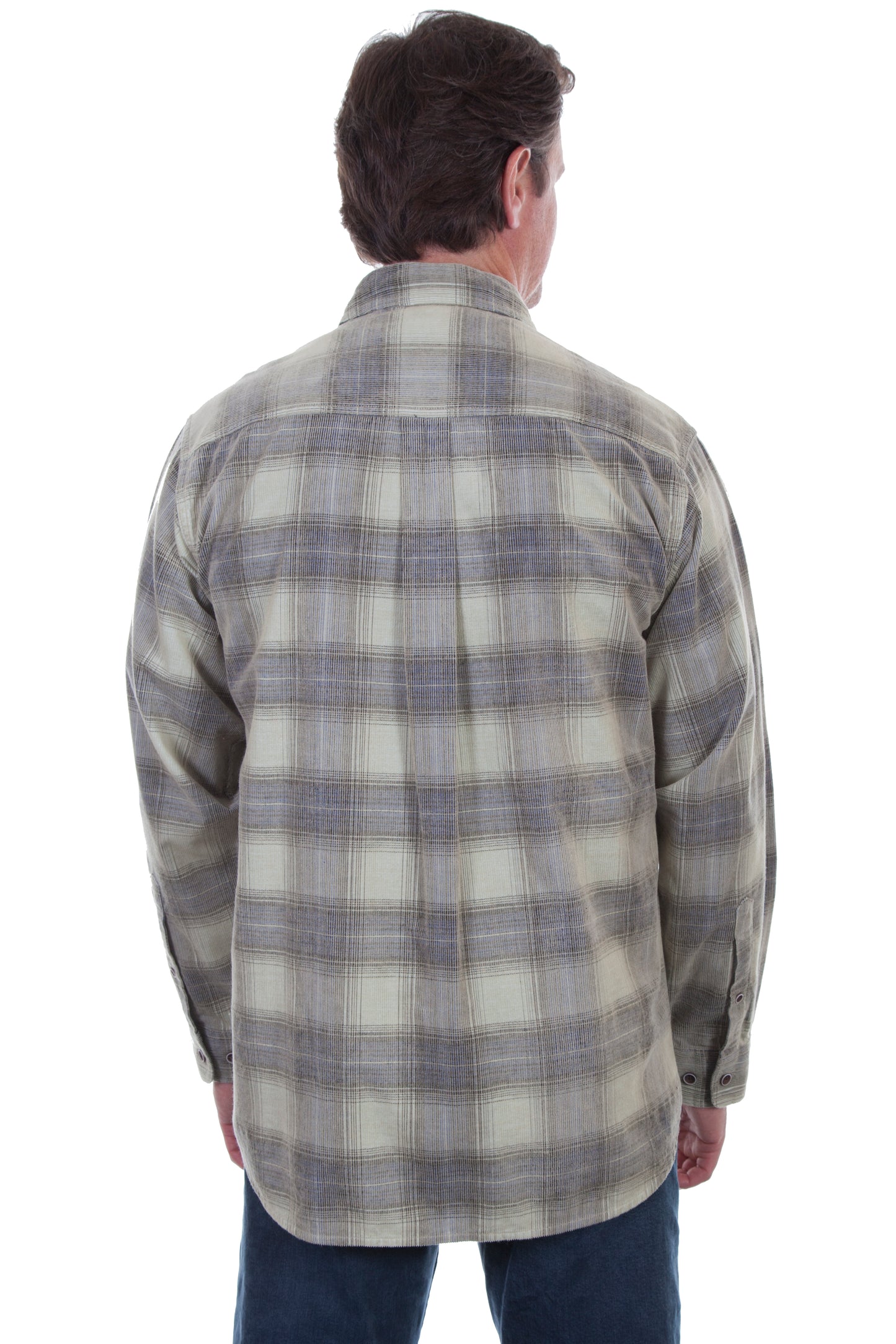 Scully Western Men's Yarn Dyed Corduroy Plaid Shirt in in Stone-Navy