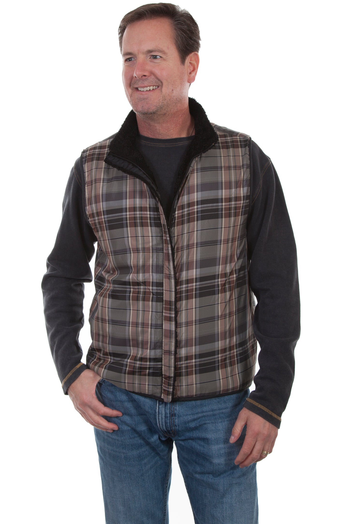 Scully Men's Reversible Sherpa To Plaid Vest in Black