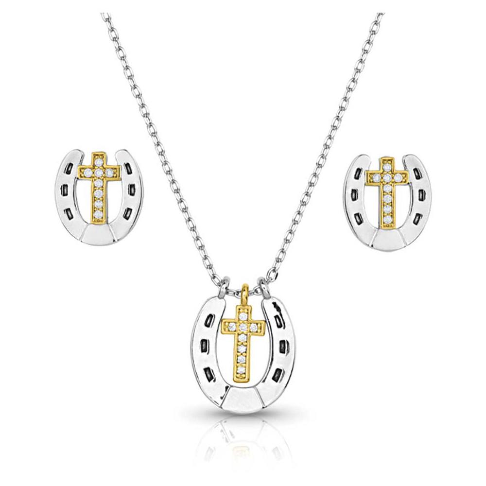 Montana Silversmiths Glowing Trails Cross Horseshoe Jewelry Set