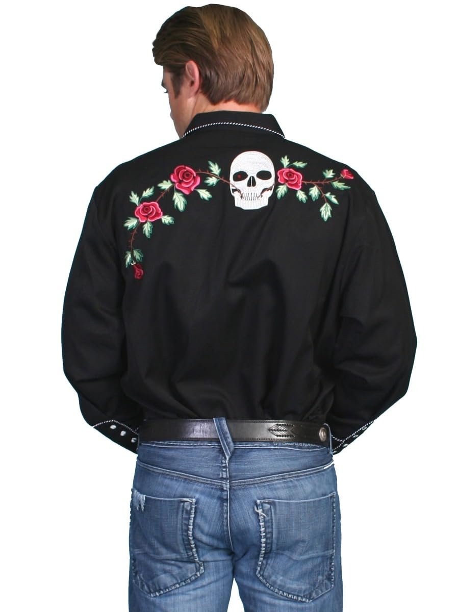Scully Men's Skull and Roses Embroidered Snap Front Shirt - Black