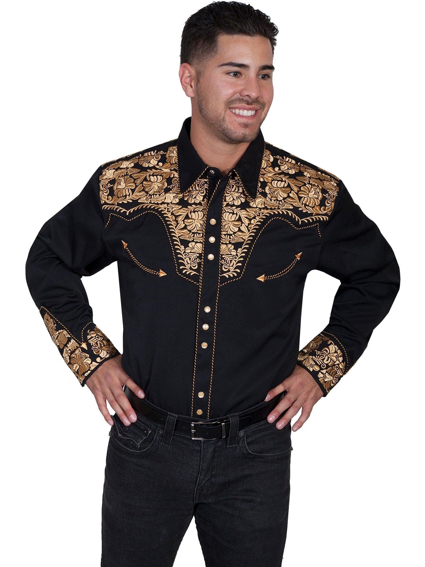 Scully Western Men's Floral Tooled Embroidered Snap Front Shirt - Gold