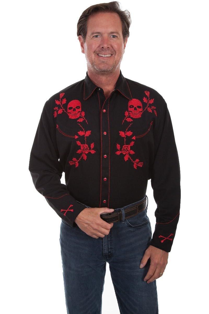 Scully Men's Skull and Roses Embroidered Snap Front Shirt - Red