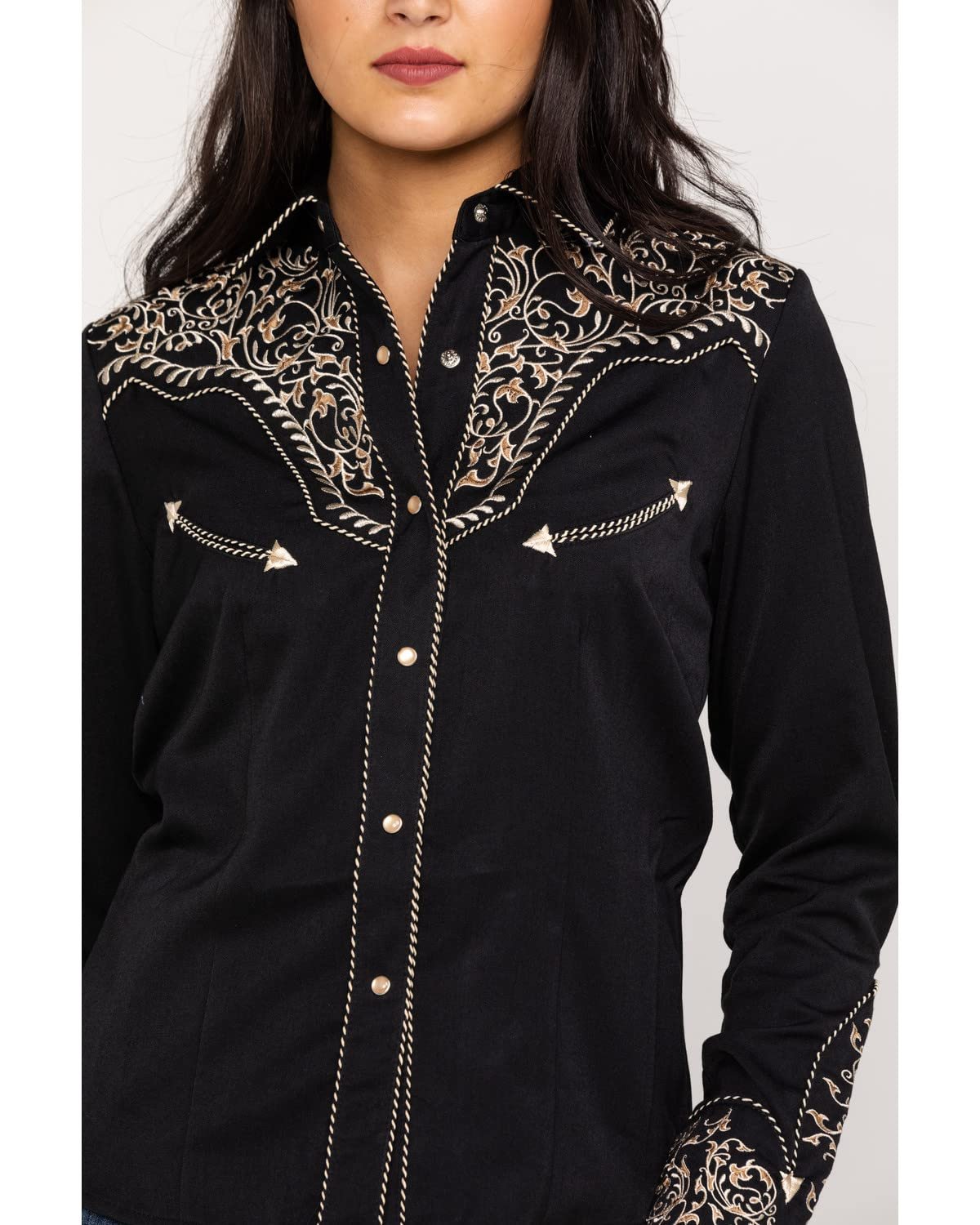 Scully Women's Scroll Embroidered Long Sleeve Pearl Snap Western Shirt - Black