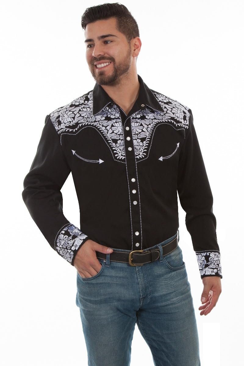 Scully Western Men's Floral Tooled Embroidered Snap Front Shirt - Black/White
