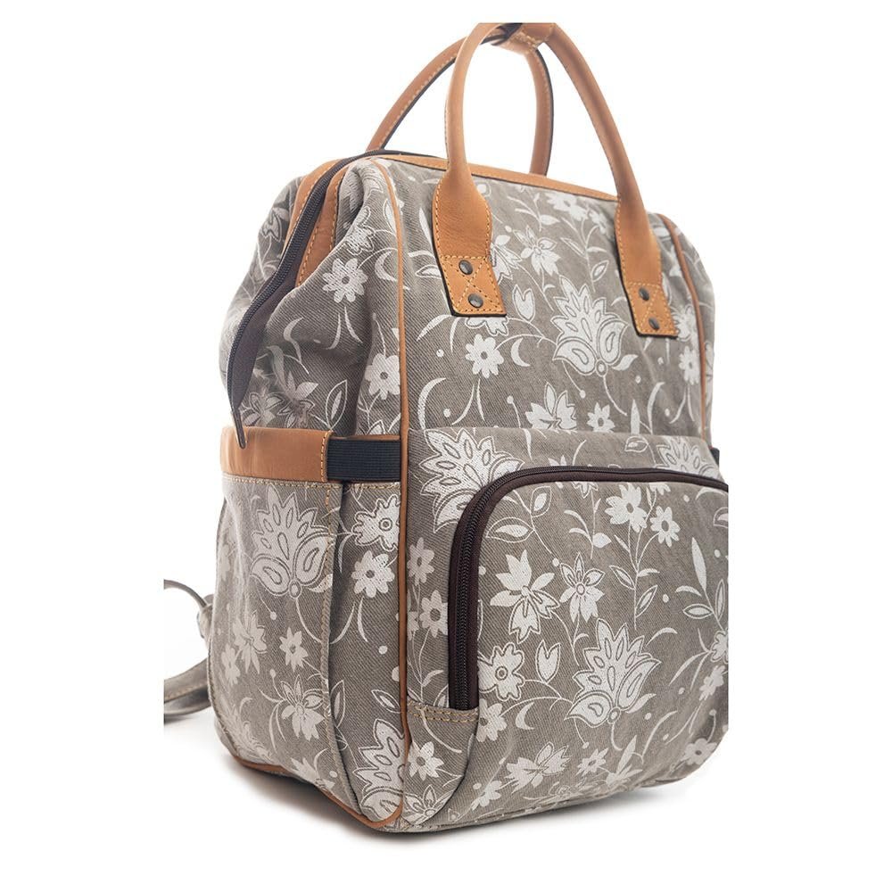 Myra Bag Womens Diaper Bag Western Upcycled Canvas Leather Backpack Handbag Gray
